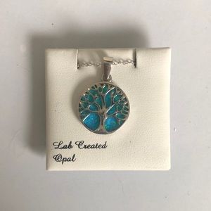 Lab created blue opal sterling silver tree of life necklace